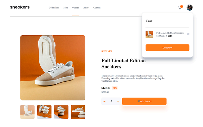 Click the buttons bellow the image to see how it works, or see its source code. Frontend Mentor - E-commerce product page
